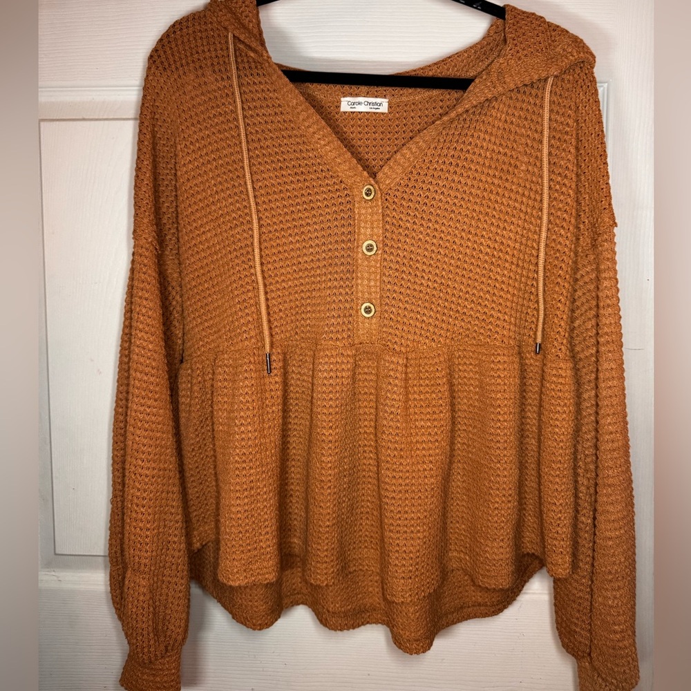 Waffle-Knit Hooded V-Neck Sweater in Rust by CeCe Cottage